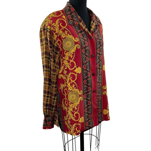 VINTAGE BrownStone Multi Blouse Top Chain Printed Notch Lapel Button Front 14W - Picture 3 of 6
